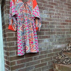 Colorful Kimono LS Dress with Floral and Paisley Patterns Front Tie Women’s L